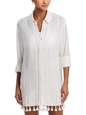 245$ Ramy Brook Roman Stripe Tassel Point Collar Cover Up Shirt Size M White
